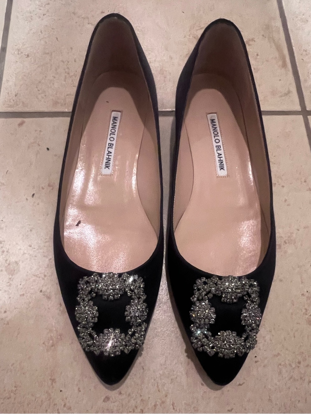 Manolo Blahnik Black Pointed Flats with Crystal Buckle